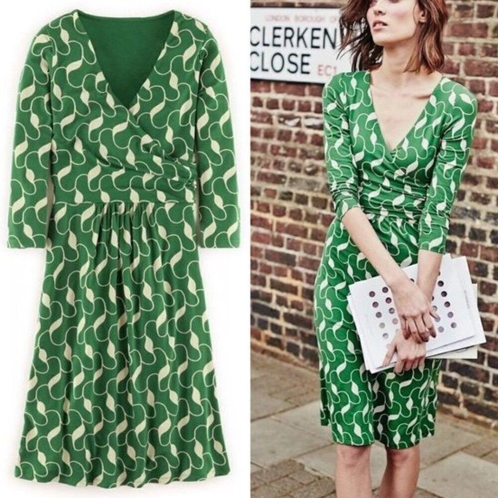Boden Green and Cream Faux Wrap Elena Day Dress Size 8R